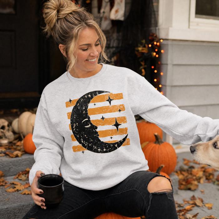 Vintage Crescent Moon, Sleeping Face, Vintage Stars, Halloween Sweatshirt