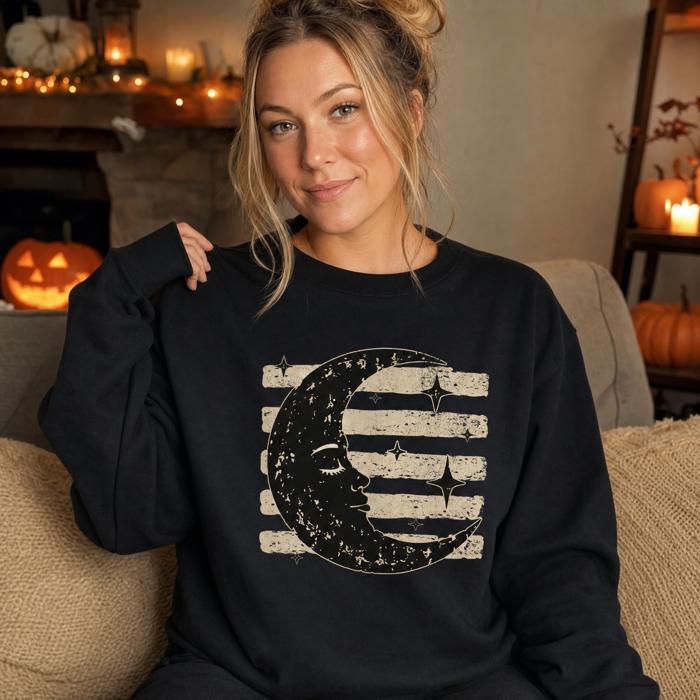 Vintage Crescent Moon, Sleeping Face, Vintage Stars, Halloween Sweatshirt