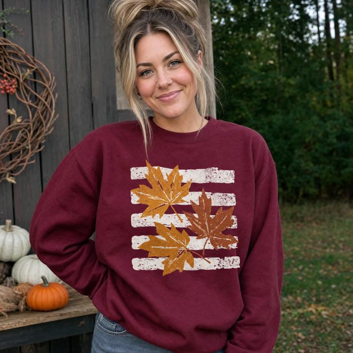 Maple Leaves, Vintage Stripes, Vintage Fall Sweatshirt