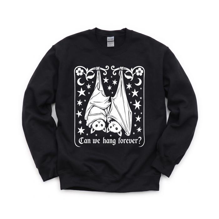 Can We Hang Forever, Cute Hanging Bats, Stars Moons, Romantic Gothic Text Sweatshirt