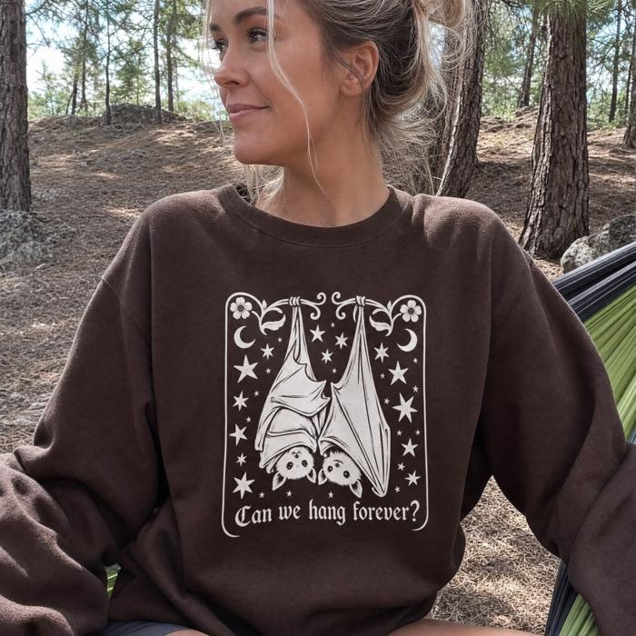 Can We Hang Forever, Cute Hanging Bats, Stars Moons, Romantic Gothic Text Sweatshirt