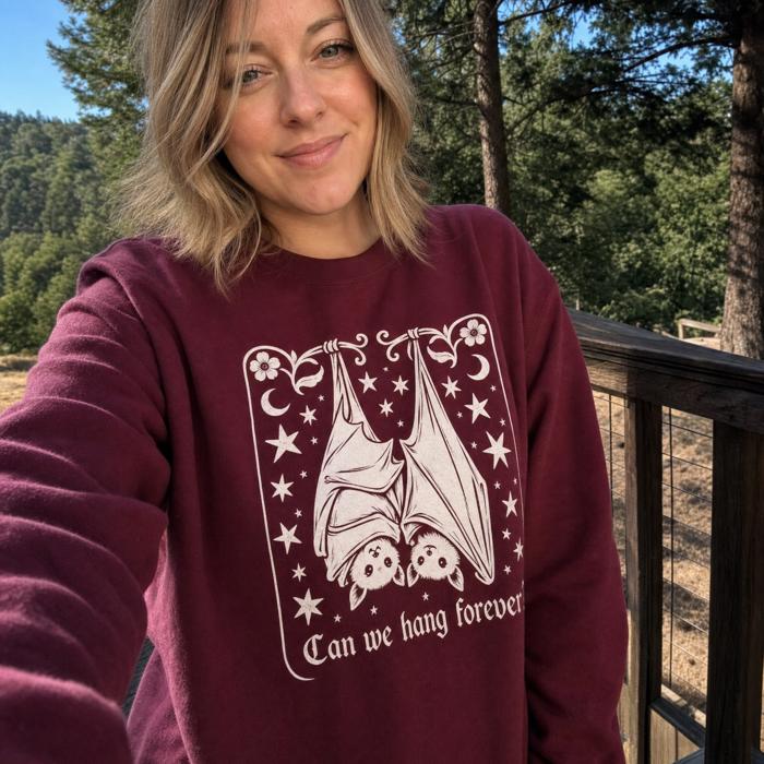 Can We Hang Forever, Cute Hanging Bats, Stars Moons, Romantic Gothic Text Sweatshirt