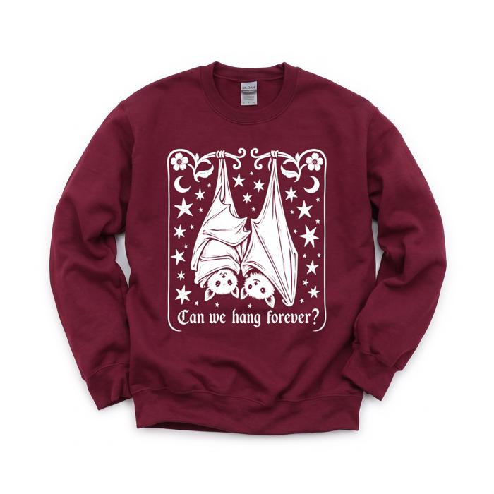 Can We Hang Forever, Cute Hanging Bats, Stars Moons, Romantic Gothic Text Sweatshirt