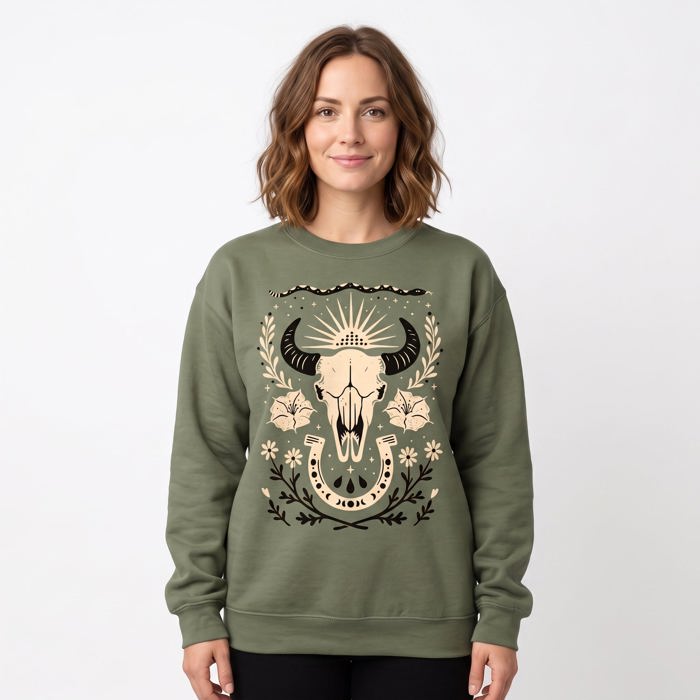 Western, Cow Skull, Flowers, Country, Cowboy Sweatshirt