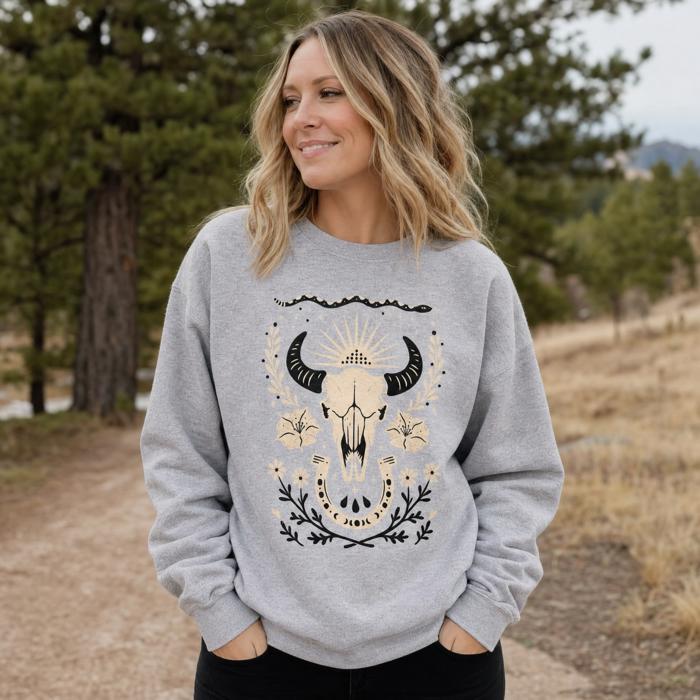 Western, Cow Skull, Flowers, Country, Cowboy Sweatshirt