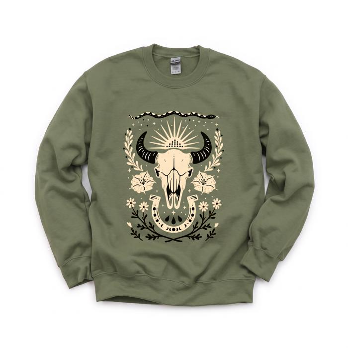 Western, Cow Skull, Flowers, Country, Cowboy Sweatshirt