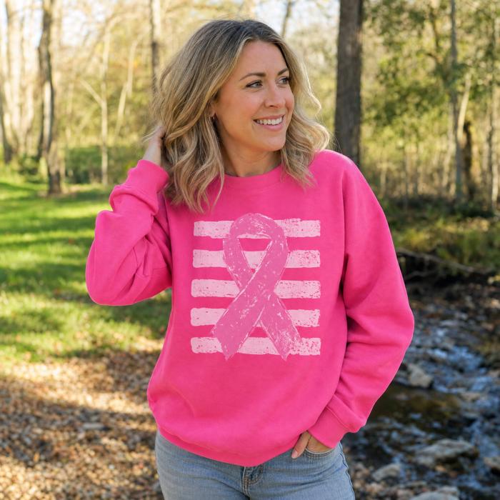 Pink Out, Pink Ribbon, Vintage Stripes, October Breast Cancer Awareness Sweatshirt