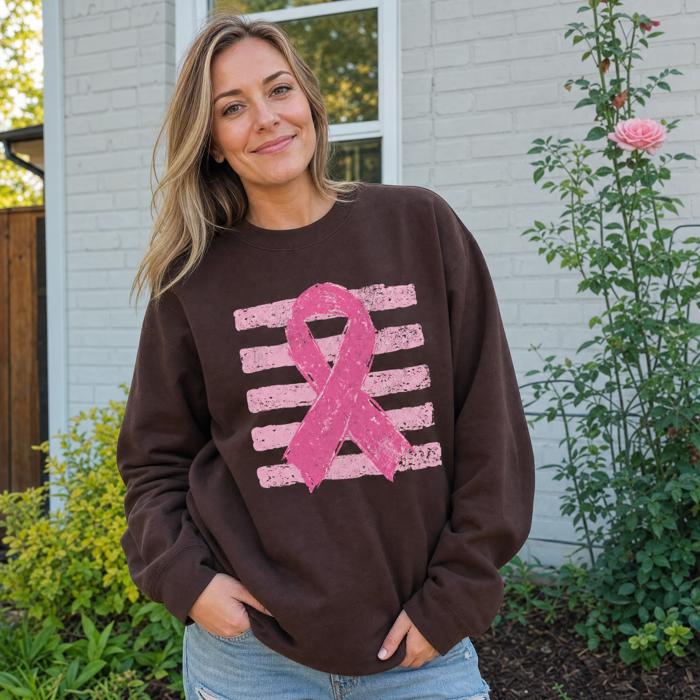 Pink Out, Pink Ribbon, Vintage Stripes, October Breast Cancer Awareness Sweatshirt