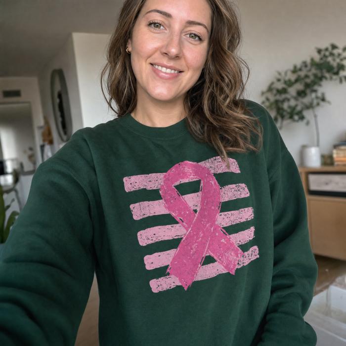 Pink Out, Pink Ribbon, Vintage Stripes, October Breast Cancer Awareness Sweatshirt