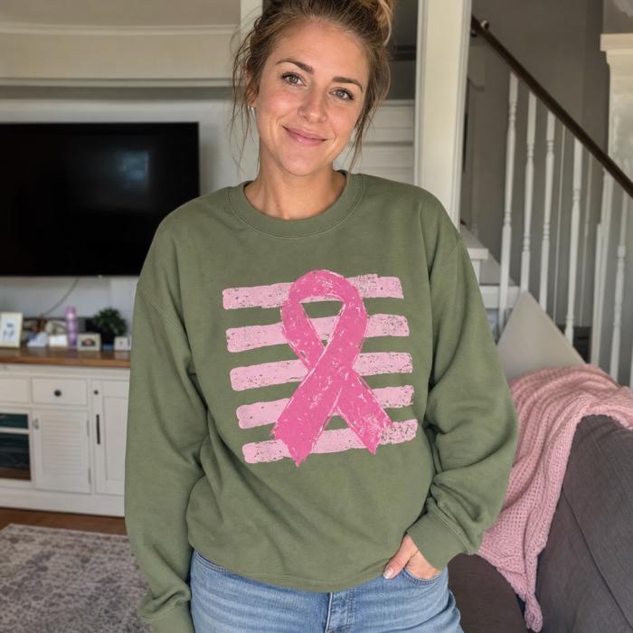 Pink Out, Pink Ribbon, Vintage Stripes, October Breast Cancer Awareness Sweatshirt
