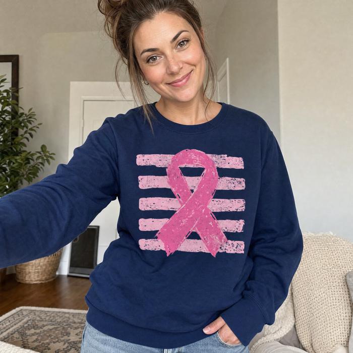 Pink Out, Pink Ribbon, Vintage Stripes, October Breast Cancer Awareness Sweatshirt