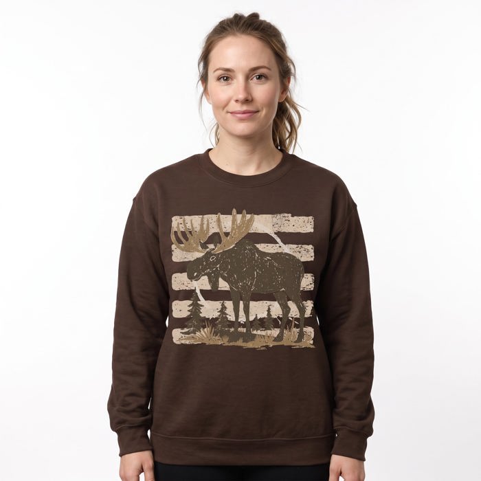Moose, Striped, Forest Trees, Mountains, Vintage Nature Sweatshirt