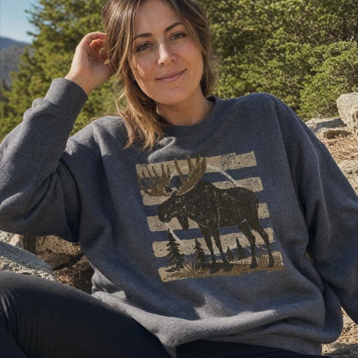 Moose, Striped, Forest Trees, Mountains, Vintage Nature Sweatshirt