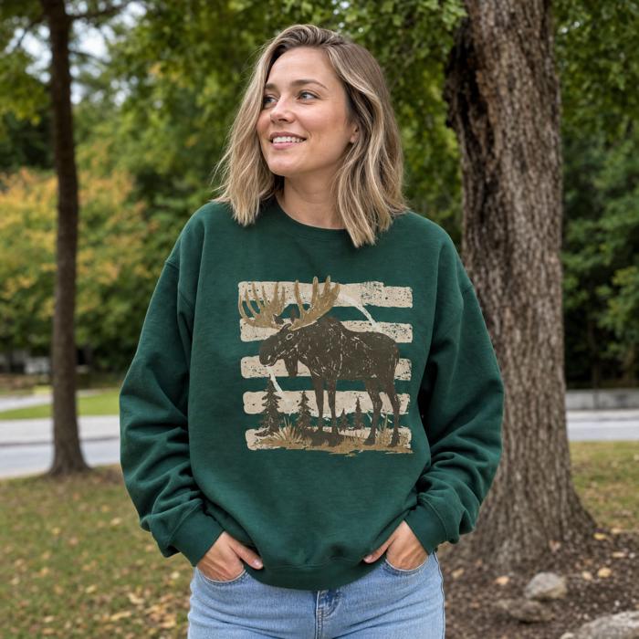 Moose, Striped, Forest Trees, Mountains, Vintage Nature Sweatshirt