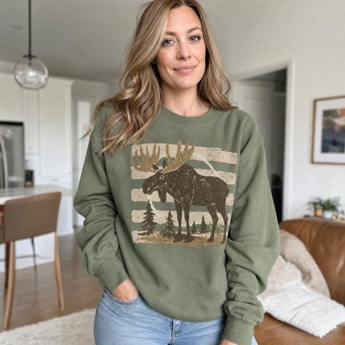 Moose, Striped, Forest Trees, Mountains, Vintage Nature Sweatshirt