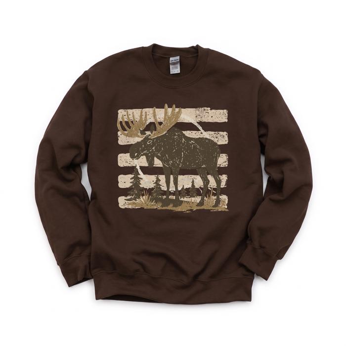 Moose, Striped, Forest Trees, Mountains, Vintage Nature Sweatshirt