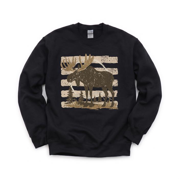 Moose, Striped, Forest Trees, Mountains, Vintage Nature Sweatshirt