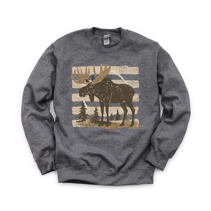 Moose, Striped, Forest Trees, Mountains, Vintage Nature Sweatshirt