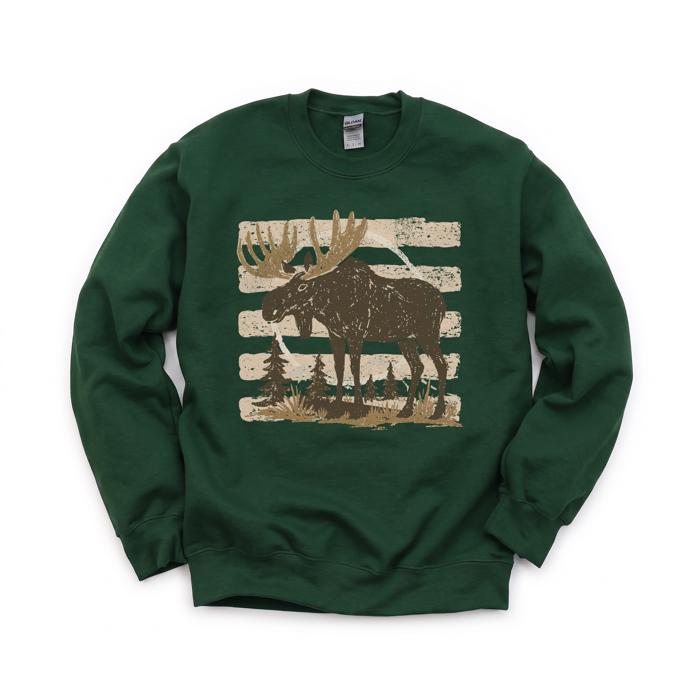 Moose, Striped, Forest Trees, Mountains, Vintage Nature Sweatshirt