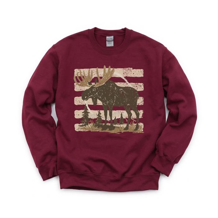 Moose, Striped, Forest Trees, Mountains, Vintage Nature Sweatshirt
