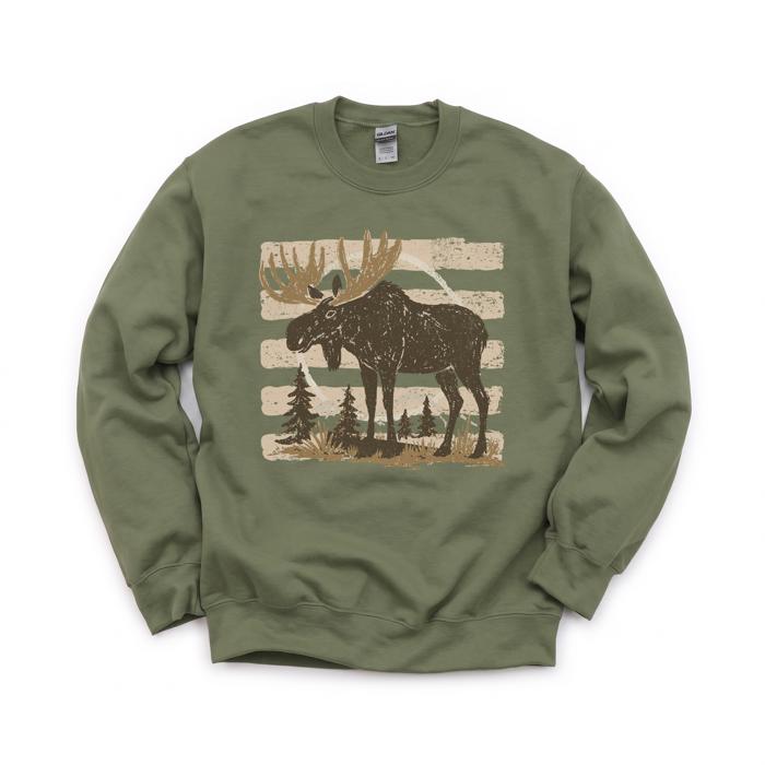 Moose, Striped, Forest Trees, Mountains, Vintage Nature Sweatshirt
