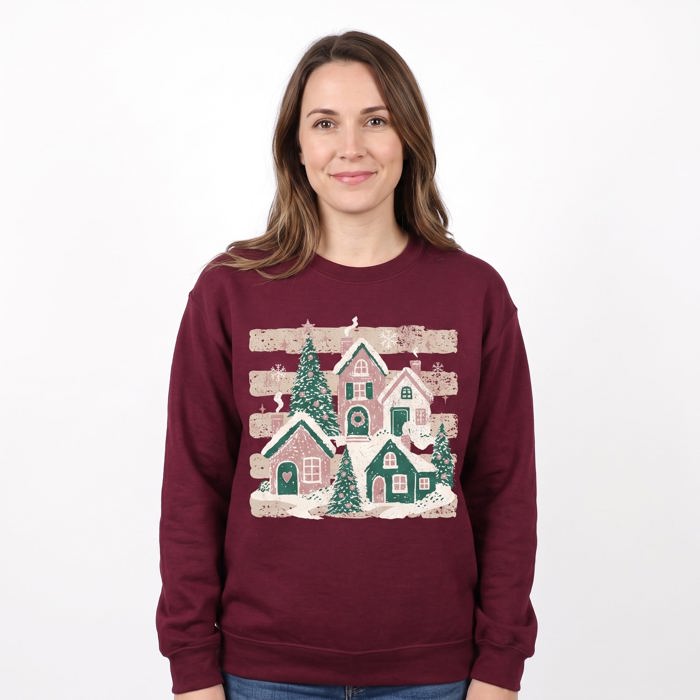 Snowy Christmas Village, Pink Green Houses, Winter Holiday Scene Sweatshirt
