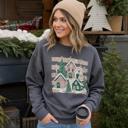  Snowy Christmas Village, Pink Green Houses, Winter Holiday Scene Sweatshirt