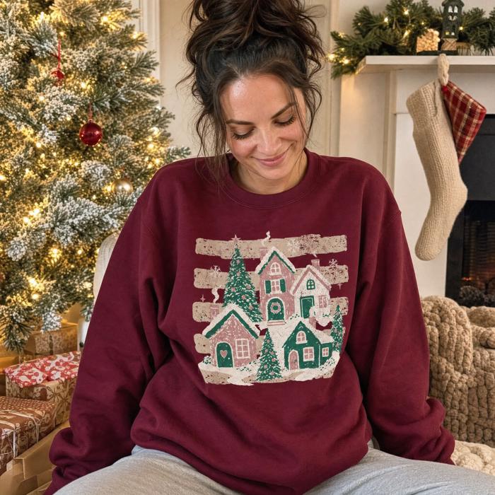 Snowy Christmas Village, Pink Green Houses, Winter Holiday Scene Sweatshirt