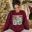  Snowy Christmas Village, Pink Green Houses, Winter Holiday Scene Sweatshirt
