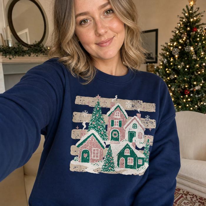 Snowy Christmas Village, Pink Green Houses, Winter Holiday Scene Sweatshirt