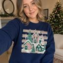  Snowy Christmas Village, Pink Green Houses, Winter Holiday Scene Sweatshirt