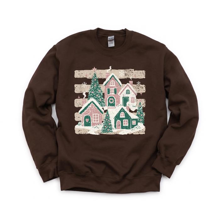 Snowy Christmas Village, Pink Green Houses, Winter Holiday Scene Sweatshirt