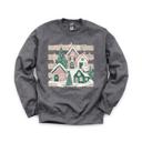 XXL Dark Gray Heather Snowy Christmas Village, Pink Green Houses, Winter Holiday Scene Sweatshirt