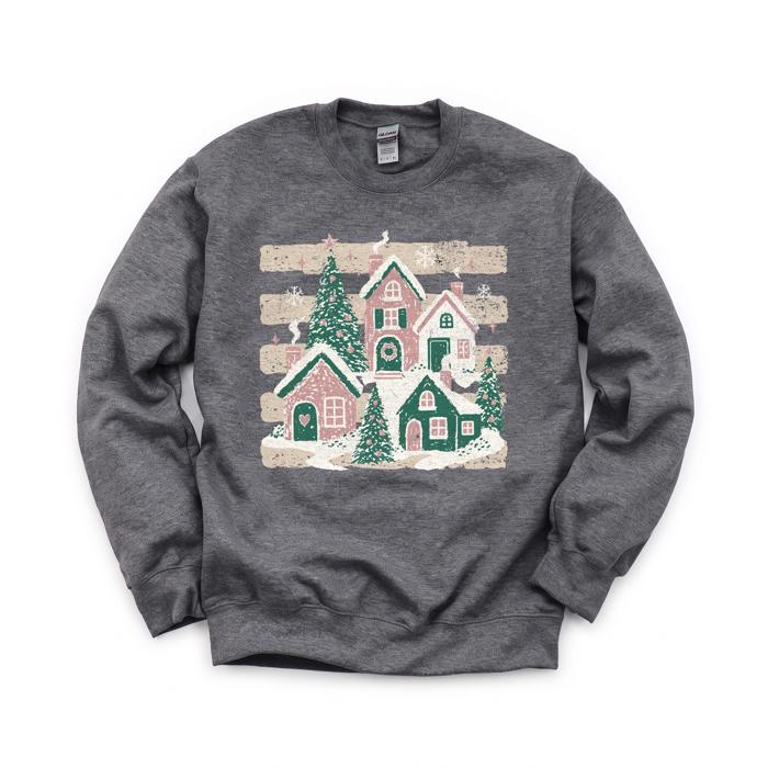 Snowy Christmas Village, Pink Green Houses, Winter Holiday Scene Sweatshirt