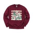 Large Maroon Snowy Christmas Village, Pink Green Houses, Winter Holiday Scene Sweatshirt