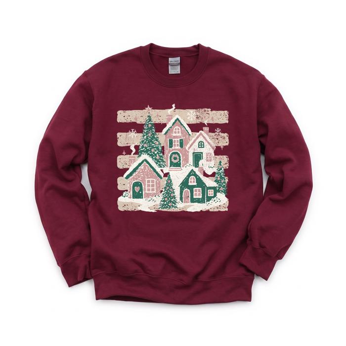 Snowy Christmas Village, Pink Green Houses, Winter Holiday Scene Sweatshirt