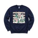 XXL Navy Snowy Christmas Village, Pink Green Houses, Winter Holiday Scene Sweatshirt