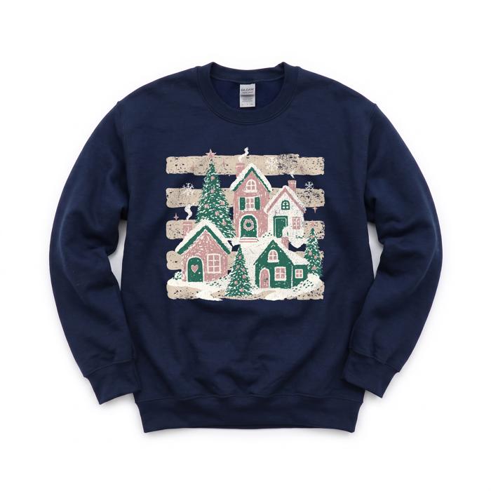 Snowy Christmas Village, Pink Green Houses, Winter Holiday Scene Sweatshirt