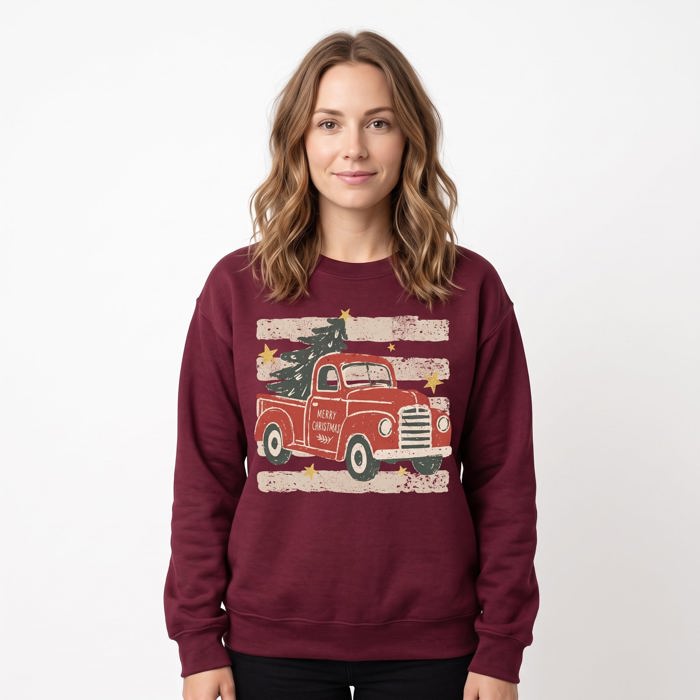 Vintage Christmas Truck, Tree, Merry Christmas, Vintage Stars Sweatshirt