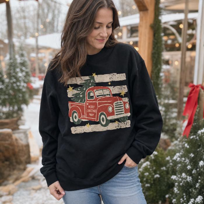 Vintage Christmas Truck, Tree, Merry Christmas, Vintage Stars Sweatshirt