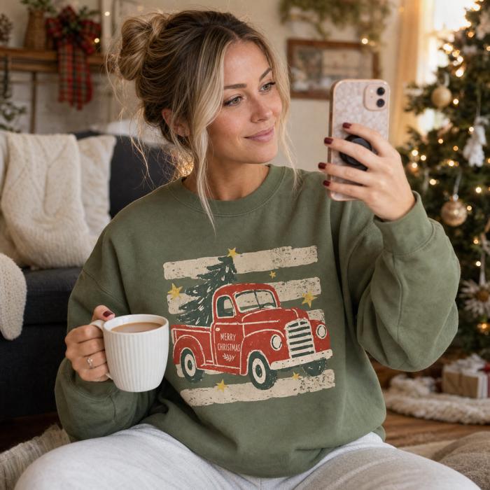Vintage Christmas Truck, Tree, Merry Christmas, Vintage Stars Sweatshirt