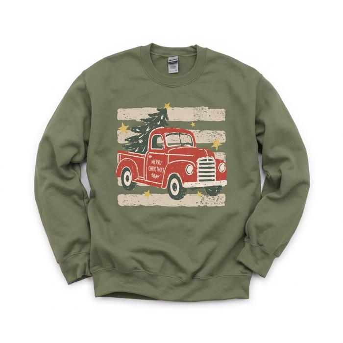 Vintage Christmas Truck, Tree, Merry Christmas, Vintage Stars Sweatshirt