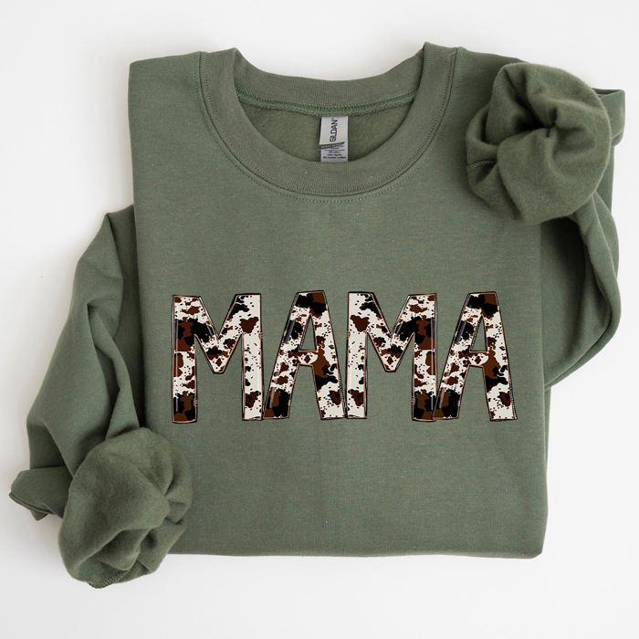 Mama Cow Print Mom Mother's Day Gift Cozy Cotton Blend Relaxed Fit Soft Brushed Interior Sweatshirt