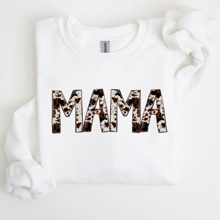 Mama Cow Print Mom Mother's Day Gift Cozy Cotton Blend Relaxed Fit Soft Brushed Interior Sweatshirt