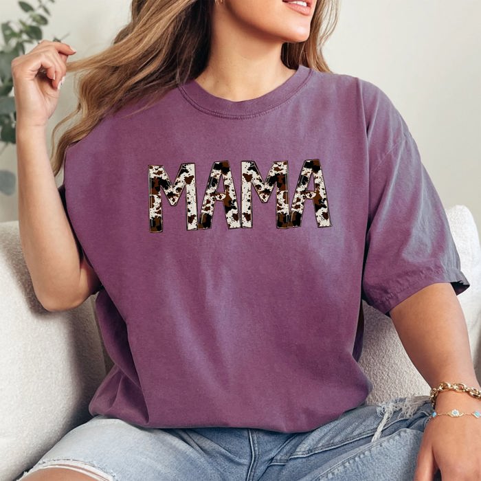 Mama Cow Print Retro Vintage Farmhouse Charm Nostalgic Artwork For Everyday Wear Comfort Colors Tee