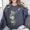 XL Dark Gray Heather Cat Playing A Guitar Cat Lover Graphic Vintage Style Soft Comfort Fit Sweatshirt