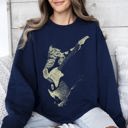 Medium Navy Cat Playing A Guitar Cat Lover Graphic Vintage Style Soft Comfort Fit Sweatshirt