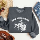 Small Dark Gray Heather Hold Your Horses Rodeo Cowboy Western Rodeo Theme Vintage Graphic Cozy Sweatshirt