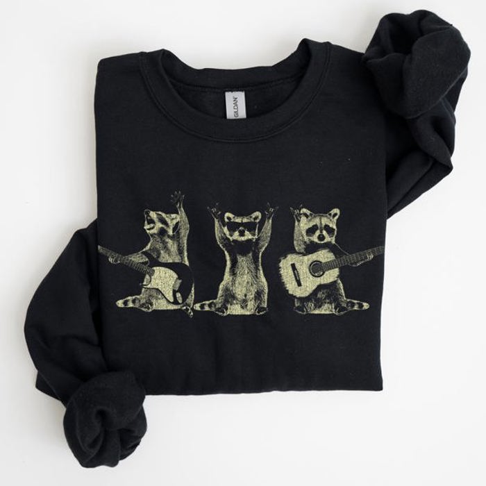 Raccoon Band Playing Guitar Funny Animals Cartoon Graphic Art Illustration Sweatshirt