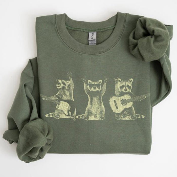 Raccoon Band Playing Guitar Funny Animals Cartoon Graphic Art Illustration Sweatshirt